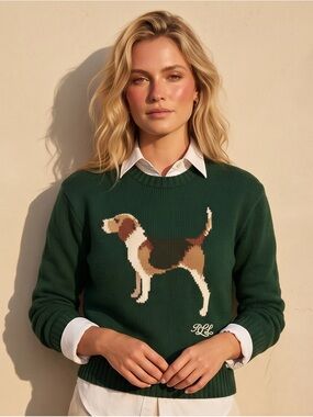 Lauren Ralph Lauren Dark Green Knit Sweater with Dog Motif